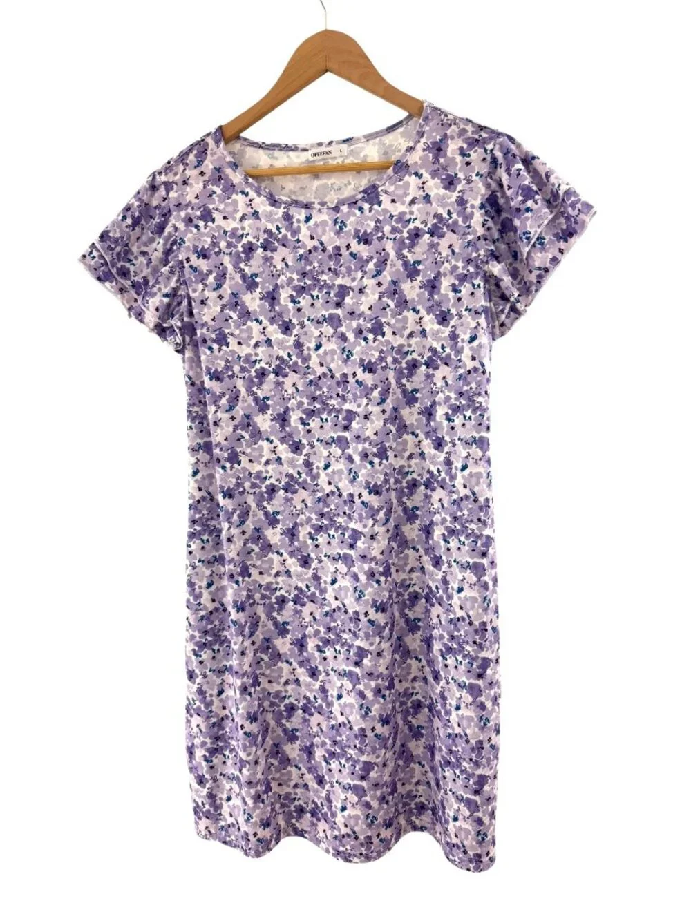 Purple Floral Print Short Ruffle Sleeve Shift Dress Size L Pockets Soft Knit